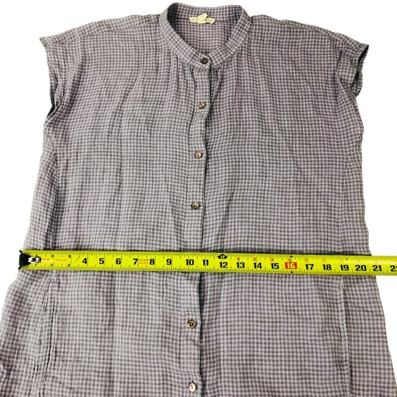 Eileen Fisher Gingham Organic Linen Mandarin Collar Shirt Dress Purple Lagenlook - Picture 9 of 9
